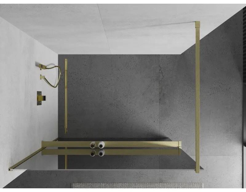 Mexen Kioto+, sprchová zástena Walk-In s poličkou a vešiakom 80 x 200 cm, 8mm sklo vzor zrkadlo, zlatý matný profil, 800-080-121-55-50