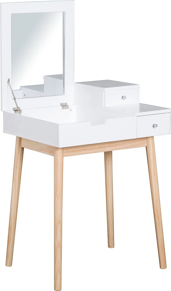 HOMCOM Toaletný Stolík s Zrkadlom Moderný Štýl - 2 Zásuvky, Sklápacie Zrkadlo do Spálne, Obývačky, 60 x 50 x 85,5 cm Biela | Aosom