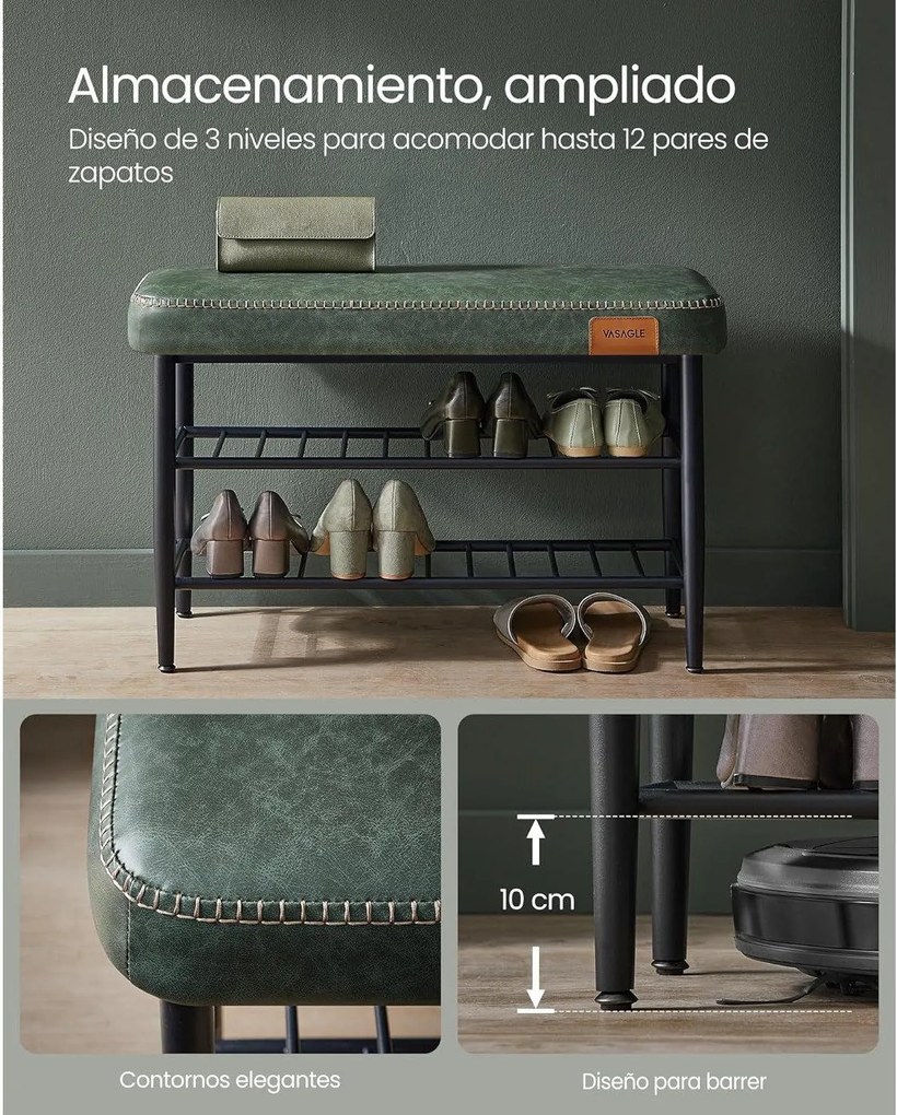 EKHO Lavička s policami na topánky, čalúnené sedadlo, botník, zelená