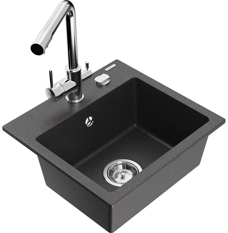 Mexen Milo, granitový drez 435x410x171 mm, 1-komorový a chrómová batéria Duero, čierna škvrnitá, 6505-76-671600-00