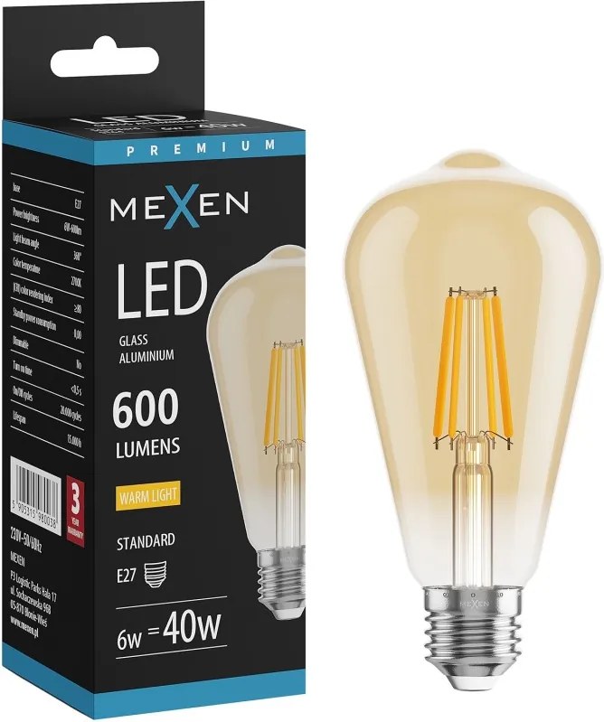 Mexen Vintis, LED filamentová žiarovka E27, ST64, 6 W, teplá biela 2700K, jantárová, L152-E27-0627-50