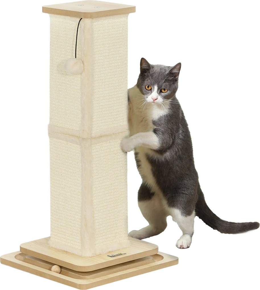 PawHut 3-v-1 hrabací stĺpik, 67cm hrabací stĺp, sisalový mačací hrabací strom s hracou guľou, mačací hrabací nábytok do interiéru, Dub | Aosom