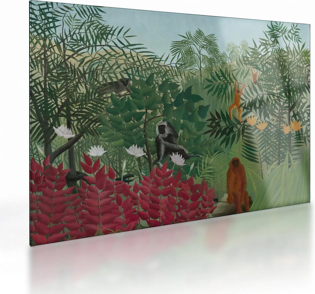 Sklenený obraz - Henri Rousseau, Tropical Forest with Monkeys, reprodukcia (70x50 cm)
