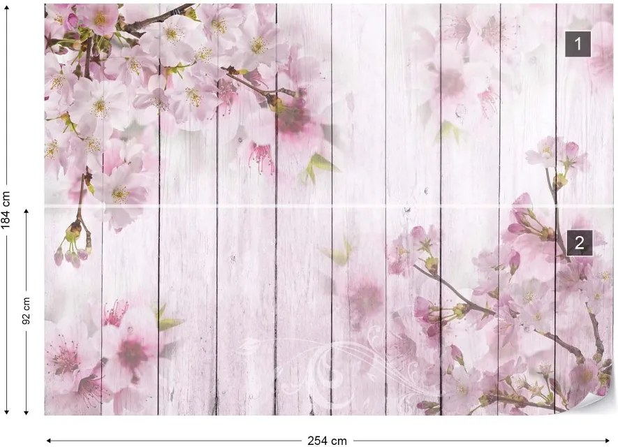 GLIX Fototapeta - Vintage Chic Cherry Blossom Flowers Wood Planks Pink Vliesová tapeta  - 254x184 cm