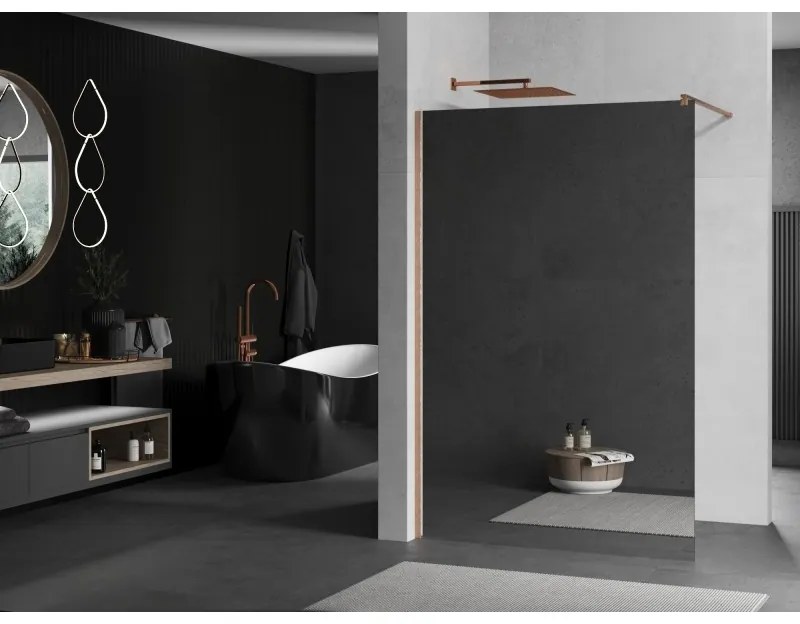 Mexen Kioto, sprchová zástena Walk-In 100 x 200 cm, 8mm sklo vzor zrkadlo, medený matný profil, 800-100-101-65-50