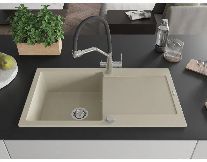 Mexen Leo, 1-komorový granitový drez 900x500x190 mm a drezová batéria Duo, béžová, 6501-69-671701-07