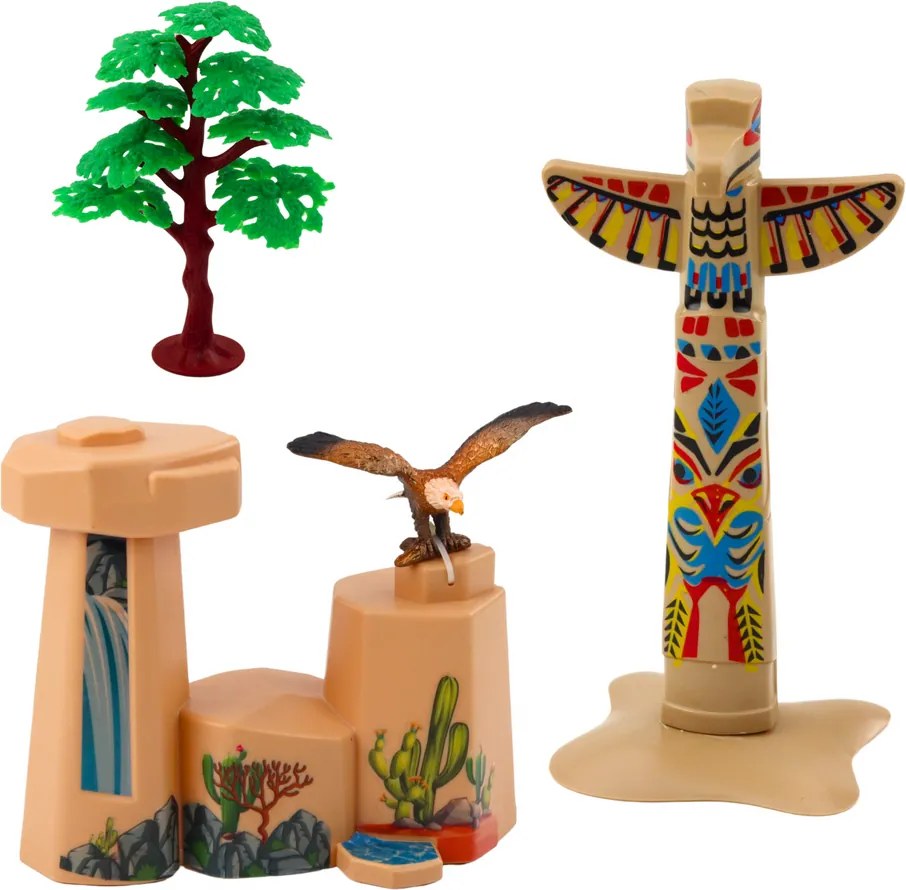 LEAN Toys Sada figúrok z indiánskej dediny Indiánsky kanoe Totem