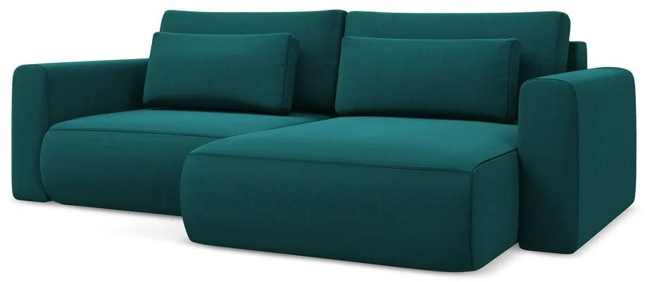 Tyrkysovomodrá zamatová rozkladacia/s úložným priestorom rohová pohovka (pravý roh/s leňoškou) Kapua – Makamii