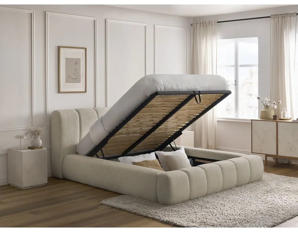 Béžová čalúnená dvojlôžková posteľ s úložným priestorom s roštom 160x200 cm Denali – Bobochic Paris