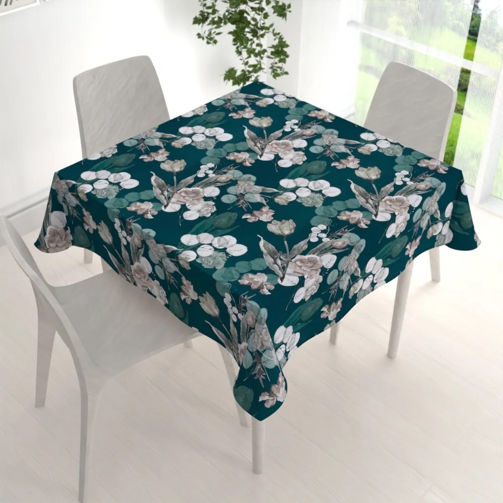 Biante Teflónový štvorcový obrus TF-058 Kvety s eukalyptom na tmavo zelenom 110x110 cm
