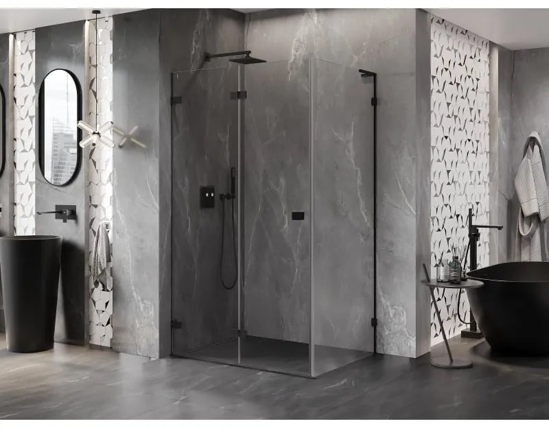 Mexen Lunar-F L, skladací sprchový kút ľavý 95 x 90 cm, 8mm číre sklo, čierny profil, 836L-095-090-70-00-L