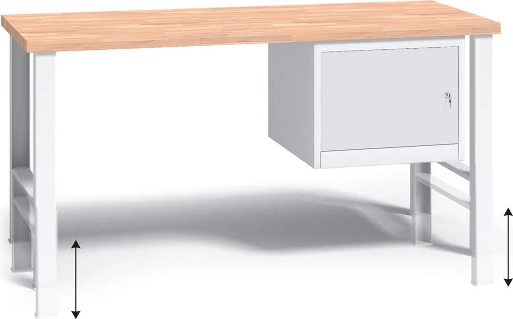Výškovo nastaviteľný pracovný stôl do dielne G3 so závesnou skrinkou na náradie, buková škárovka, 1500 x 685 x 840 - 1050 mm, sivá