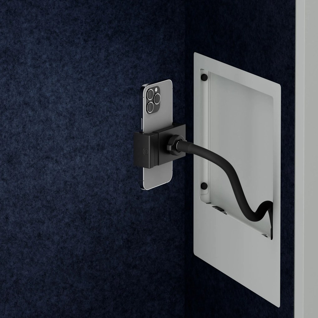 Kancelárska akustická kabína so sedadlom a portom USB-C, telo v sivý / sedák tmavomodrá v zelenej farbe, 600 mm: SALLY MentalBox