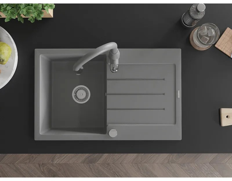 Mexen Bruno, 1-komorový granitový drez 795x495x200 mm a drezová batéria Savita, šedá, 6513-71-672601-71