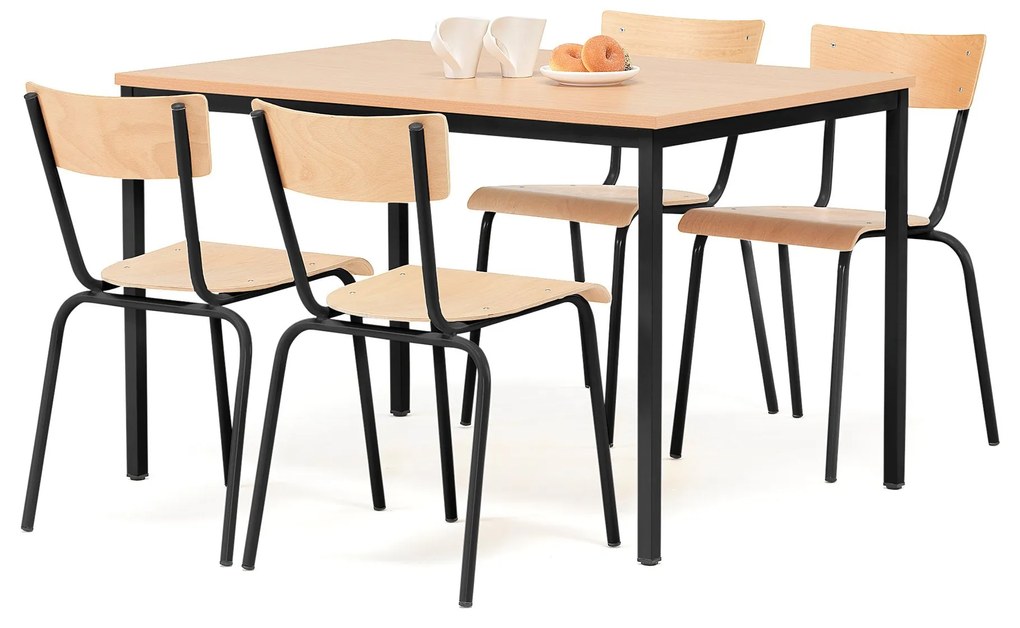 Jedálenská zostava: stôl 1200x800 mm + 4 stoličky, buk/čierna
