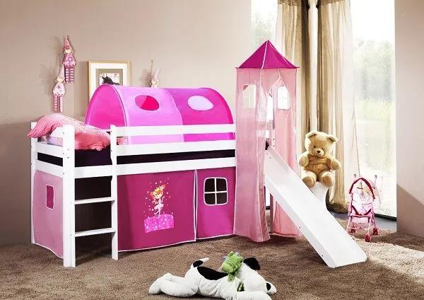 MAXMAX Detská vyvýšená posteľ DOMČEK so šmýkačkou ružový - biela 200x90 NIE