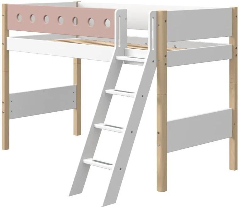 Ružovo-biela detská posteľ s rebríkom a nohami z brezového dreva Flexa White, výška 143 cm