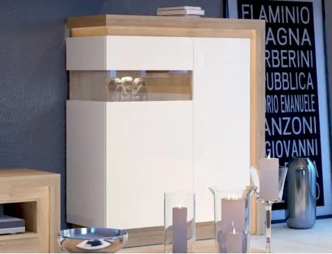 Skrika s presklením Lyon, dub riviera/biely  lesk, s osvetlením, ľavá%