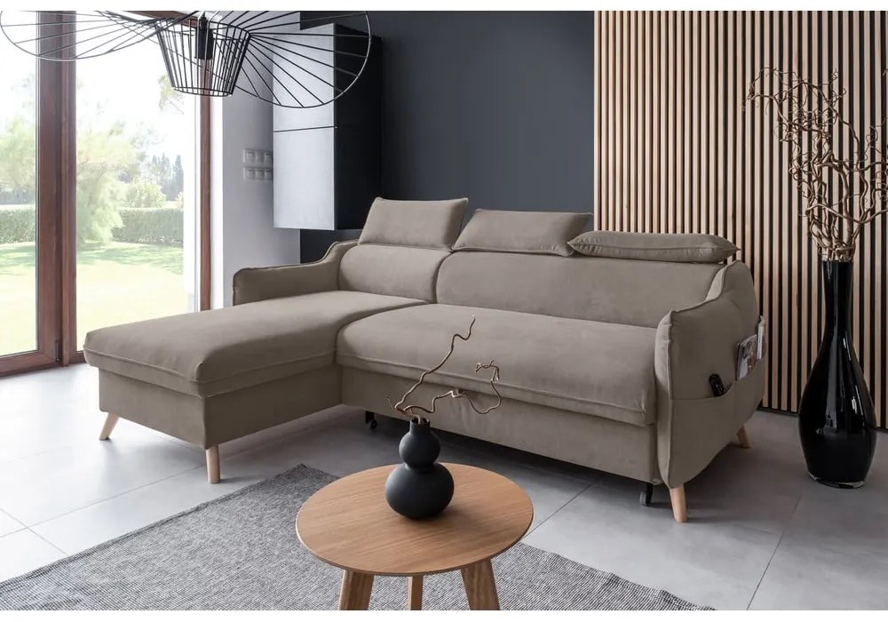 Svetlohnedá zamatová rozkladacia rohová pohovka (ľavý roh) Sweet Harmony – Miuform