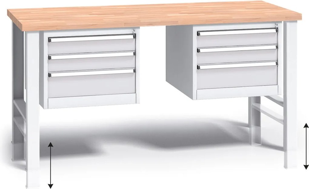 Výškovo nastaviteľný pracovný stôl do dielne G3 s 2 závesnými boxami na náradie, buková škárovka, 6 zásuviek, 1700 x 685 x 840 - 1050 mm, sivá