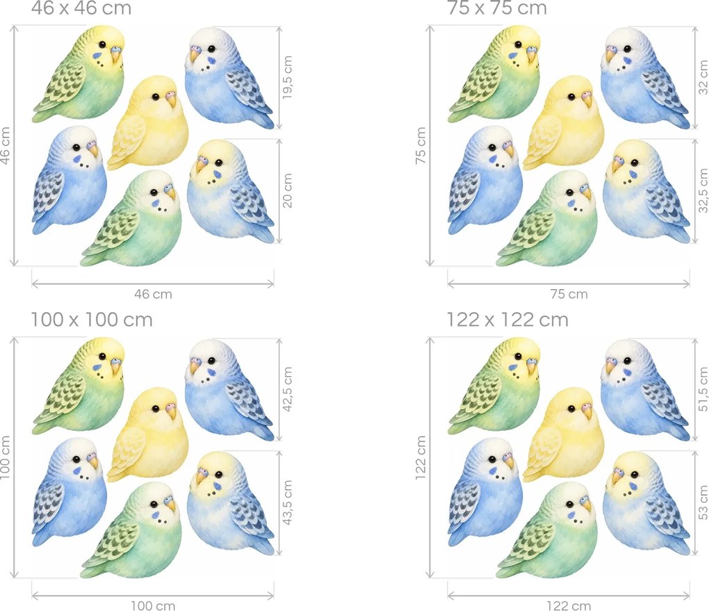 Pastelové andulky veselé akvarelové nálepky na stenu do izbičky i spálne arch 100 x 100 cm