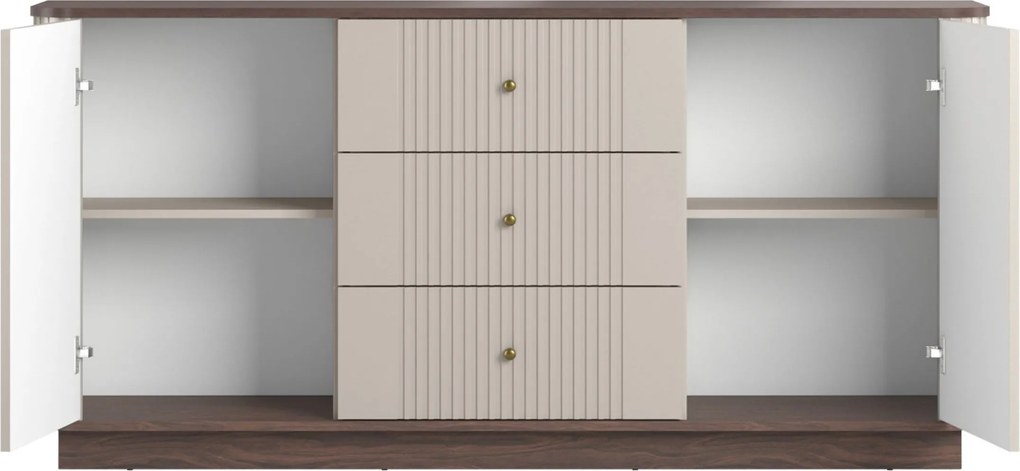 Komoda Vesper 160 cm so zásuvkami na sokli - kašmír / orech / zlaté úchytky