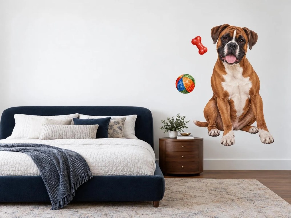 Boxer s loptičkou a kosťou akvarelové textilné nálepky na stenu pre milovníkov boxerov arch 31 x 46 cm