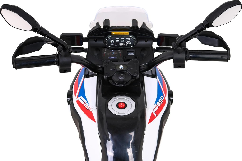 Ramiz Detský motocykel na batérie BMW F850 GS biely + pomocné kolieska + audio LED + pomalý štart + EVA