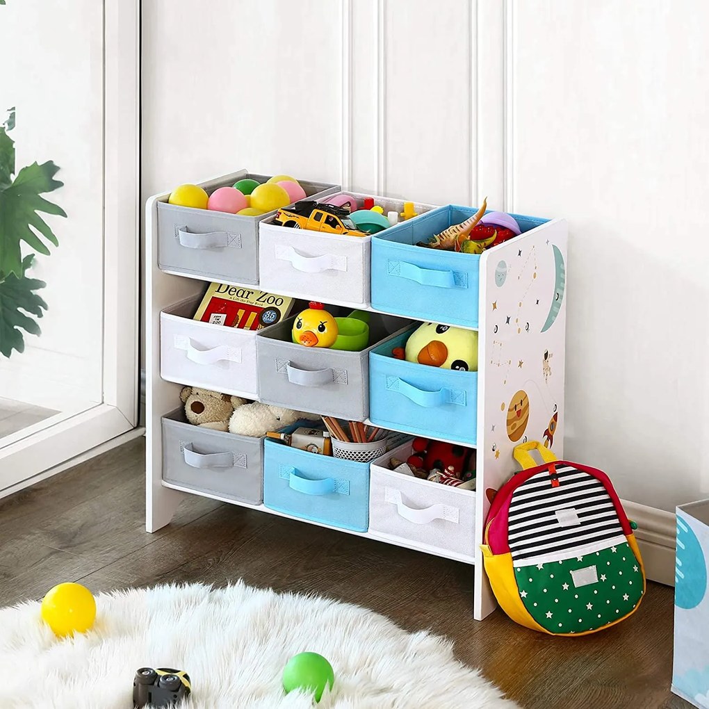 SongmicsHome Regál na hračky VESMÍR, 9 boxov, 62,5x29,5x60cm, biela s nálepkami
