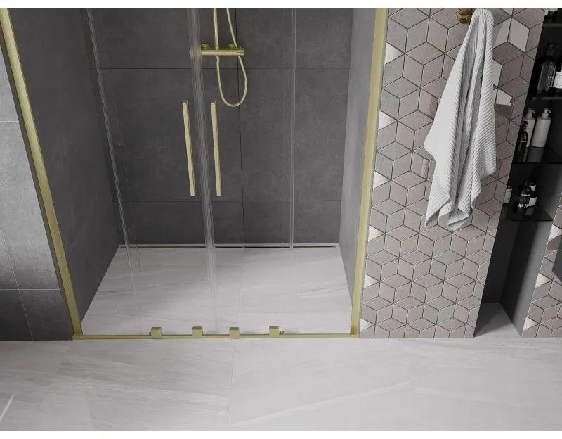 Mexen Velar L Duo, posuvné sprchové dvere do otvoru 140 cm, 8mm číre sklo, zlatá matná, 871-140-003-02-55