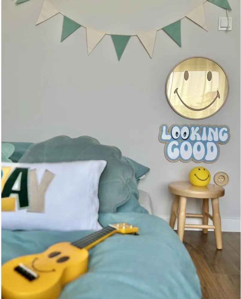 Zrkadlo Emoji do detskej izby – zlaté akrylové zrkadlo z dreva Ø40 cm