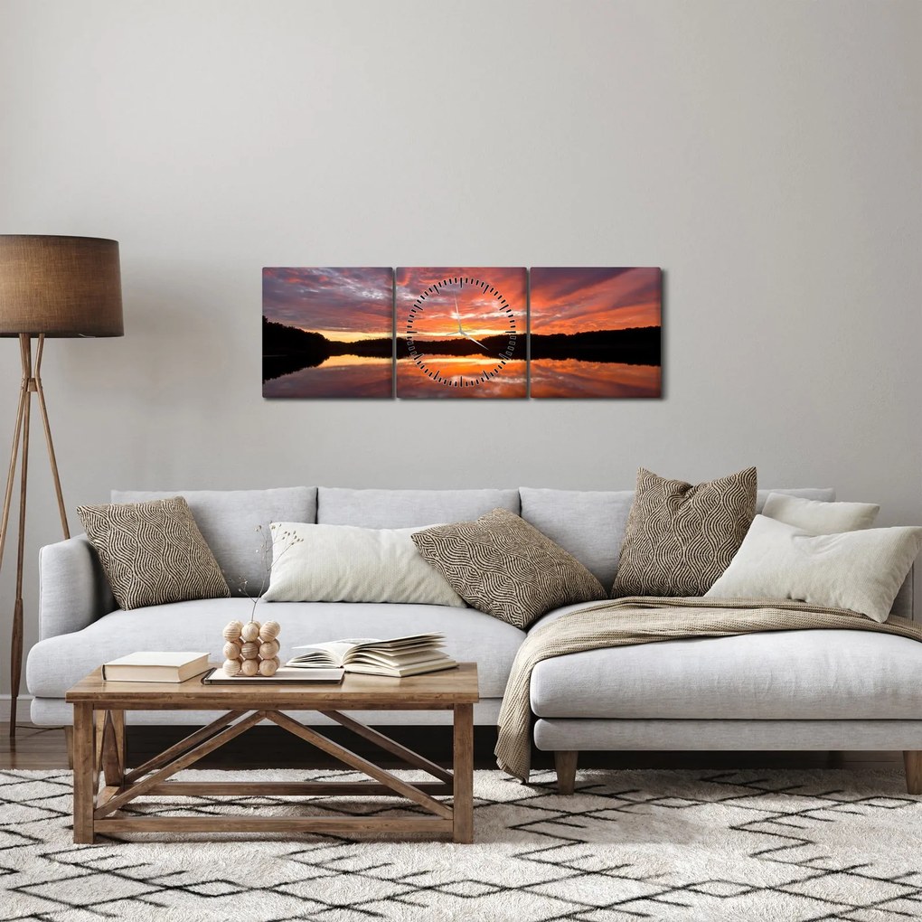 Obraz - Západ slnka nad jazerom (s hodinami) (90x30 cm)