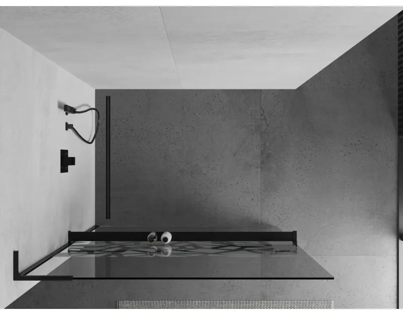 Mexen Kioto+ L, sprchová zástena Walk-In s poličkou a vešiakom 70 x 200 cm, 8mm číre sklo biely vzor, čierny profil, 800-070-123-70-85