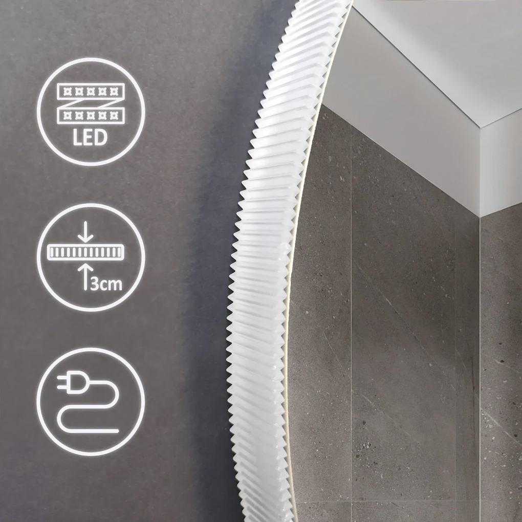 Rea Round, okrúhle LED zrkadlo s ryhovaným rámom 60 cm + bluetooth, HOM-06509