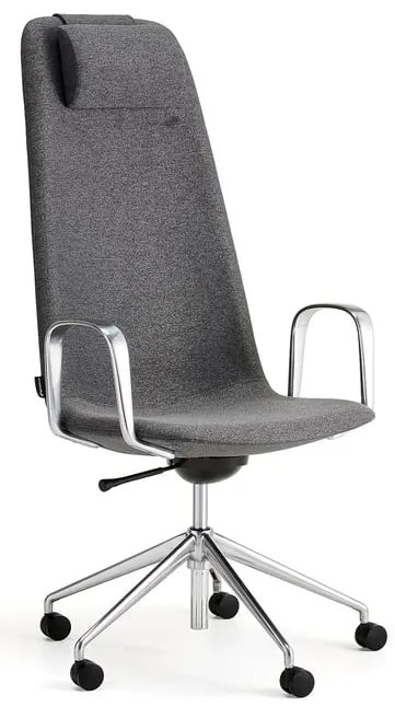 Stolička LANGLEY, vysoký sedák, s kolieskami a podrúčkami, brúsený hliník/antracit