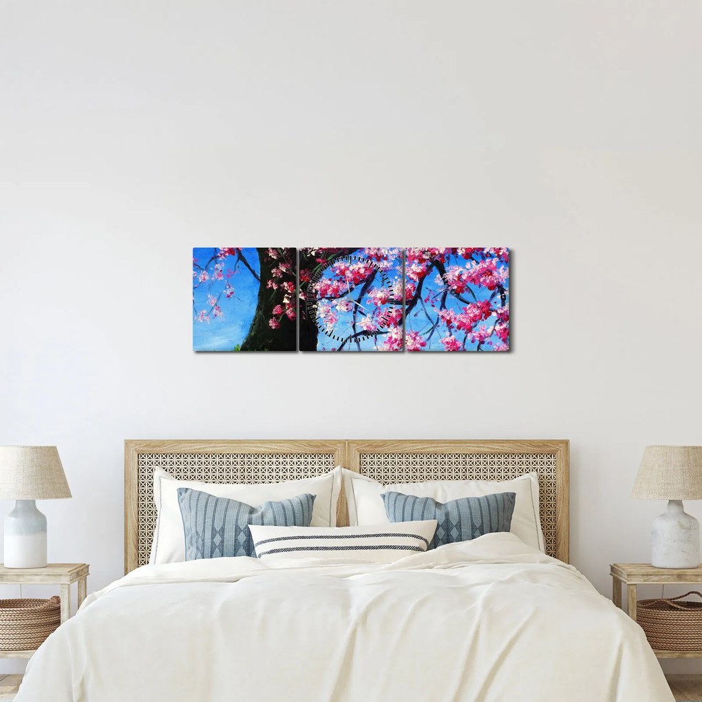 Obraz maľované rozkvitnuté čerešne (s hodinami) (90x30 cm)