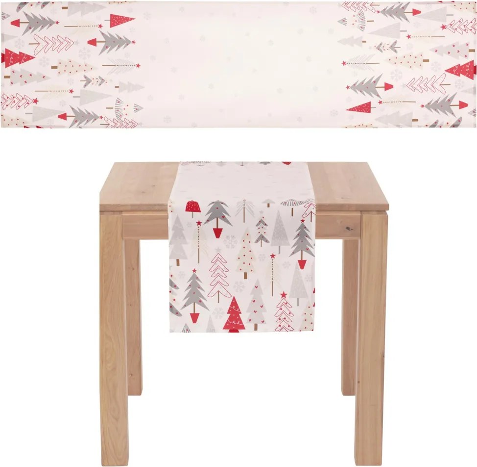 Vianočný behúň na stôl Stromčeky 150x40 cm, biely