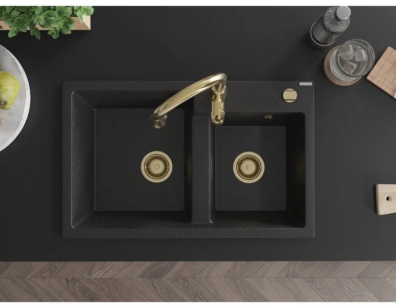 Mexen Tomas, granitový drez 800x500x190 mm, 2-komorový a drezová batéria Savita, čierna-strieborná metalíza, 6516-73-672601-50