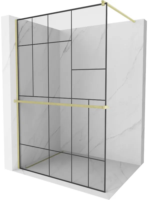 Mexen Kioto+, sprchová zástena Walk-In s poličkou a vešiakom 110 x 200 cm, 8mm číre sklo čierny vzor, zlatý matný profil, 800-110-121-55-78