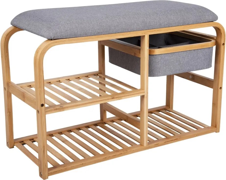 Bambusový polica na topánky so sivým polstrovaním Leitmotiv Bench, šírka 70 cm