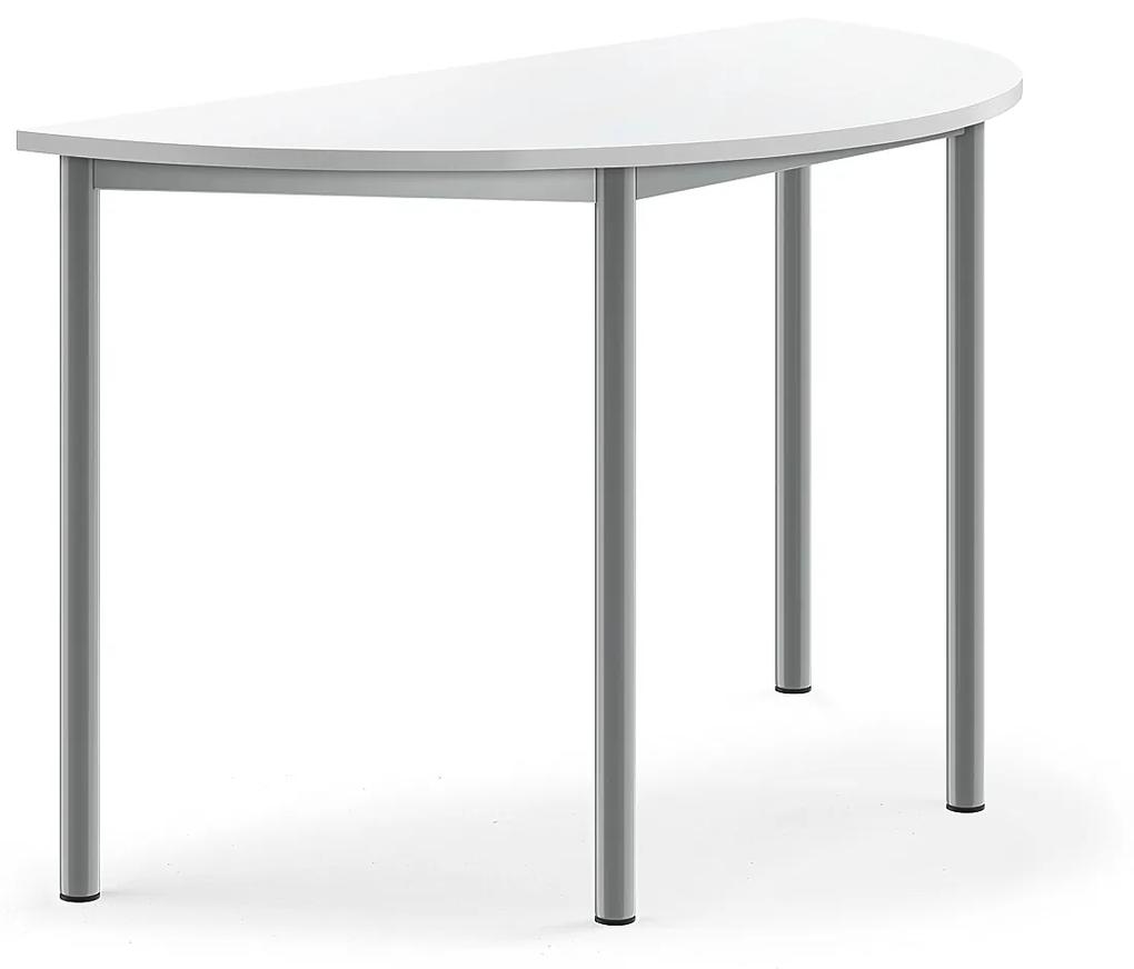 Stôl BORÅS, polkruh, 1200x600x720 mm, laminát - biela, strieborná