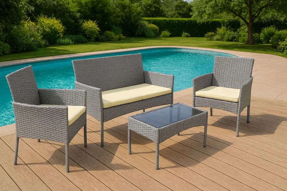 Záhradný set ratanového nábytku: Lavica + stolík + 2 kreslá - sivá