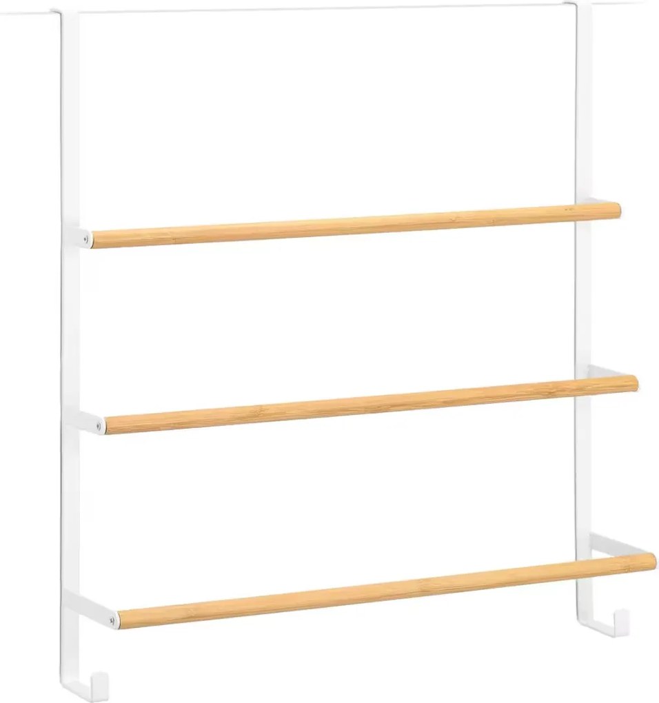 Zeller Present Vešiak na uteráky na dvere, biely kov, bambus, 51 x 13 x 56 cm
