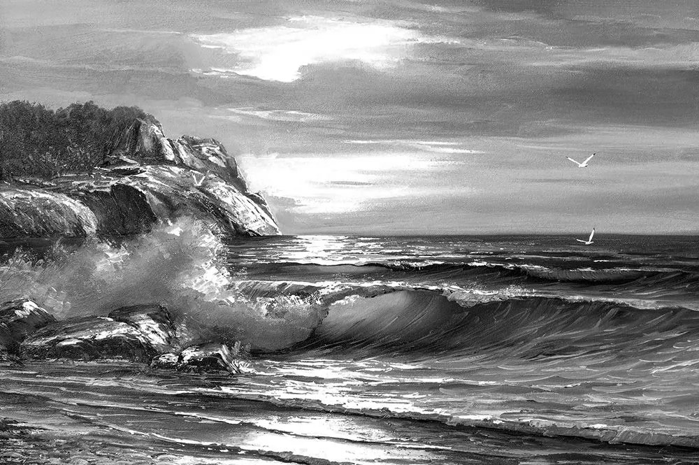 Samolepiaca tapeta ráno na mori v čiernobielom prevedení - 150x100