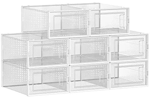 Box na topánky, sada 8ks, priehľadný, biela farba, 14x22x33,3cm