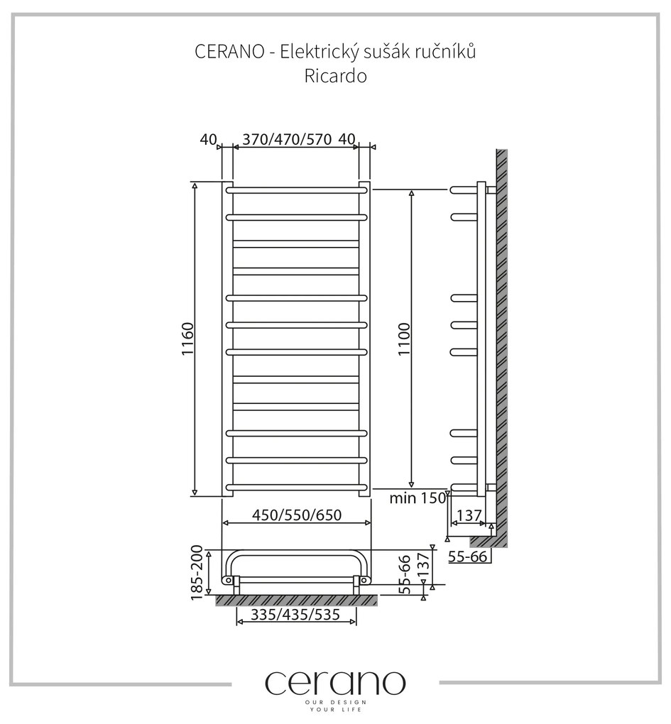 Cerano Ricardo, elektrický sušiak uterákov s displejom 1160x550 mm, 229W, čierna, CER-LIV-B-ED-12-55