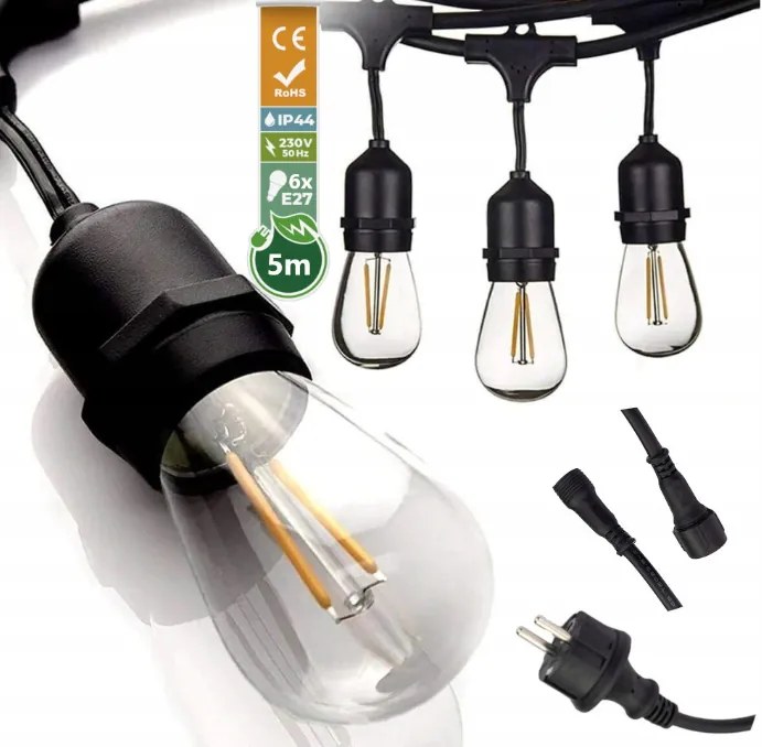 ecoPLANET Záhradná girlanda 5m + 6x 1W LED žiarovka
