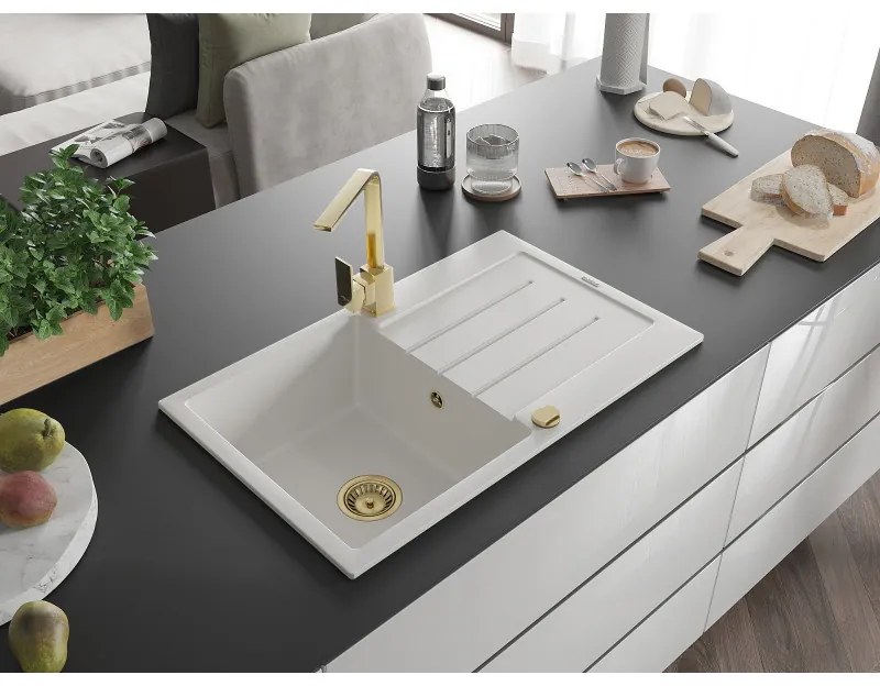 Mexen Bruno, drez granitový 795x495x200 mm, 1-komorový, biela so zlatým sifónom a zlatá drezová batéria Rita, 6513-20-670300-50