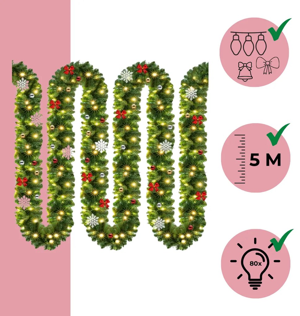 Jurhan Vianočná girlanda ANDREA s osvetlením, zdobená, 5m, zelená