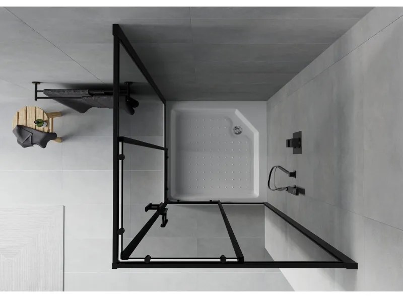 Mexen Rio, štvorcový sprchovací kút s posuvnými dverami 90(dvere) x 90(dvere) x 190 cm, 6mm šedé sklo, čierny profil + biela sprchová vanička RIO, 860-090-090-70-40-4510